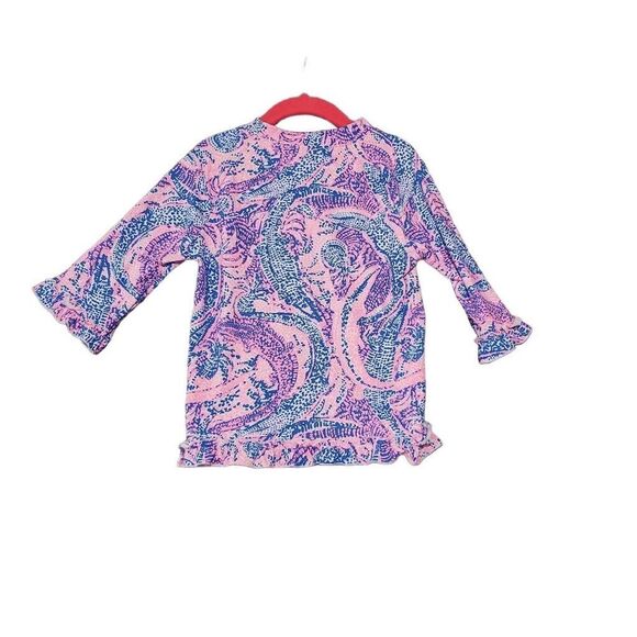 LILY PULITZER Girl's Ruffle Hem 3/4 Sleeve Pink Blue AlligatorRash Guard Top 10 - Picture 2 of 5